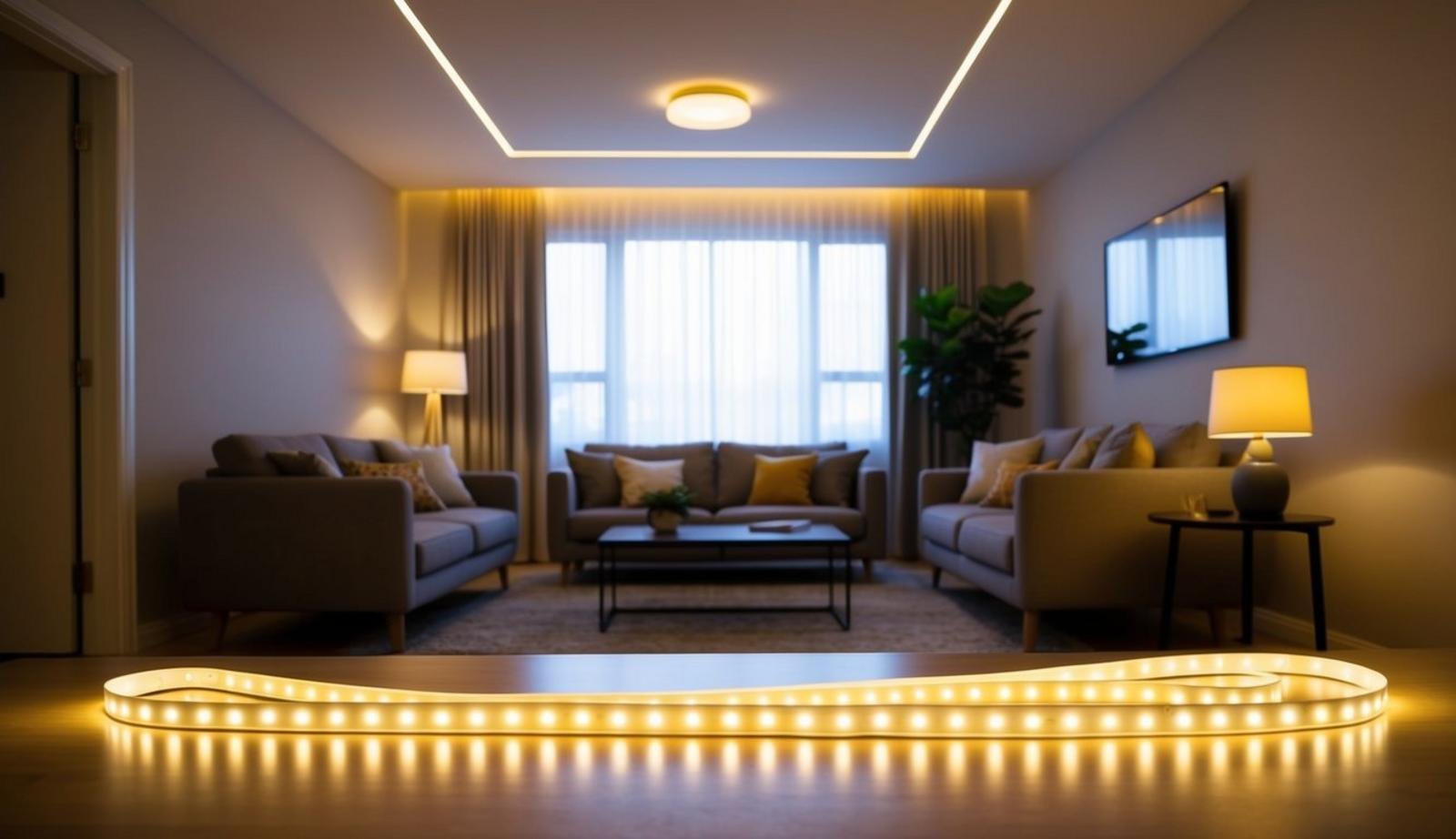 Soft LED strip lights illuminate a cozy living room, casting a warm glow on the furniture and creating a relaxing atmosphere