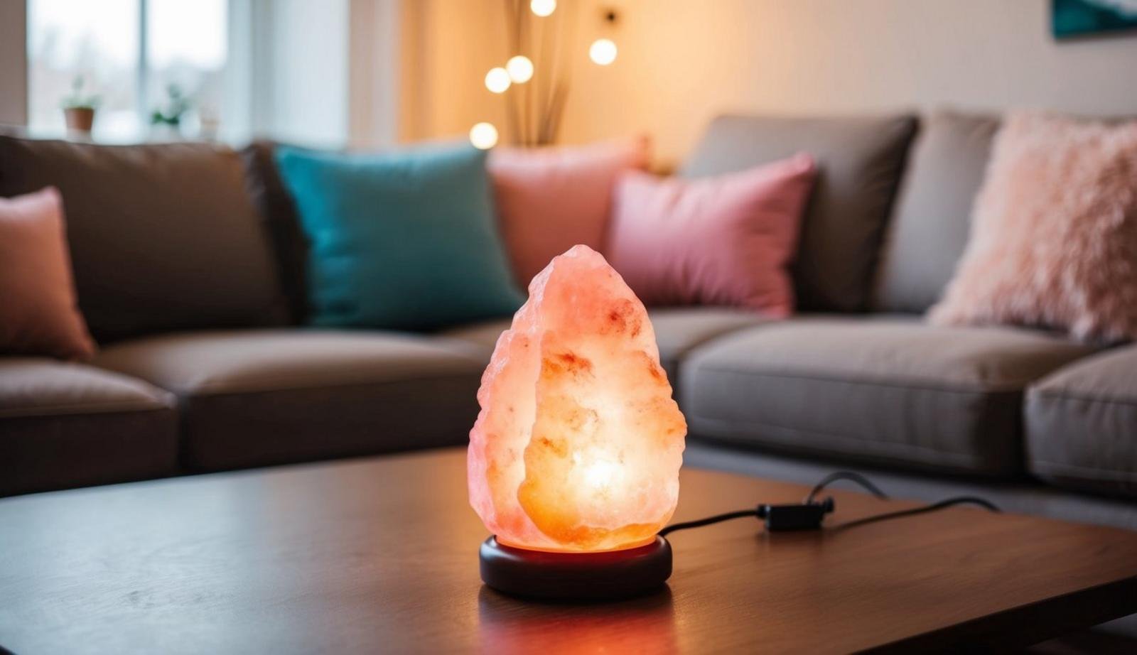 Soft, pink LED light emanates from a Himalayan salt lamp in a cozy living room