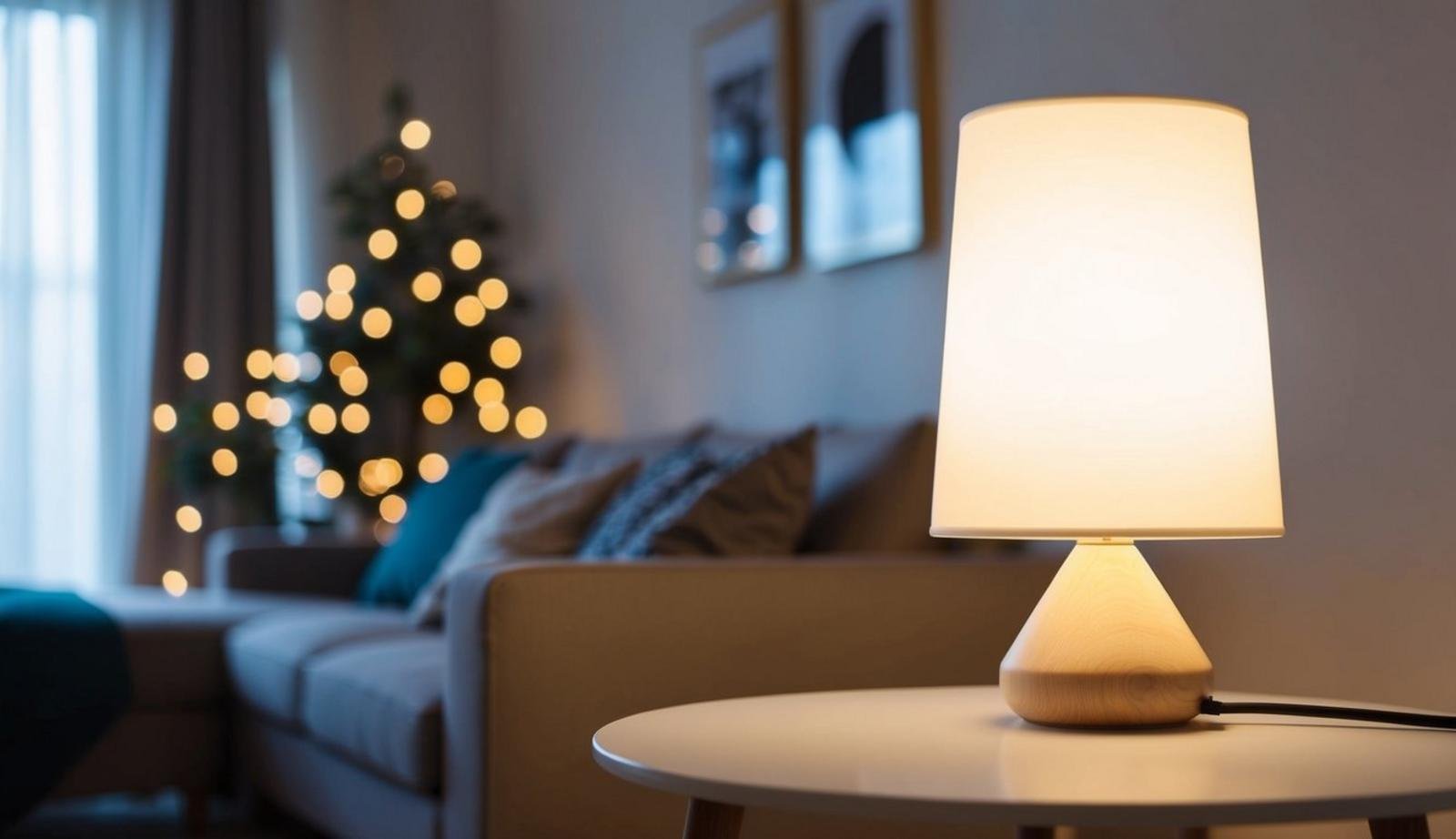Soft LED light from Ikea Fado Table Lamp illuminates a cozy living room