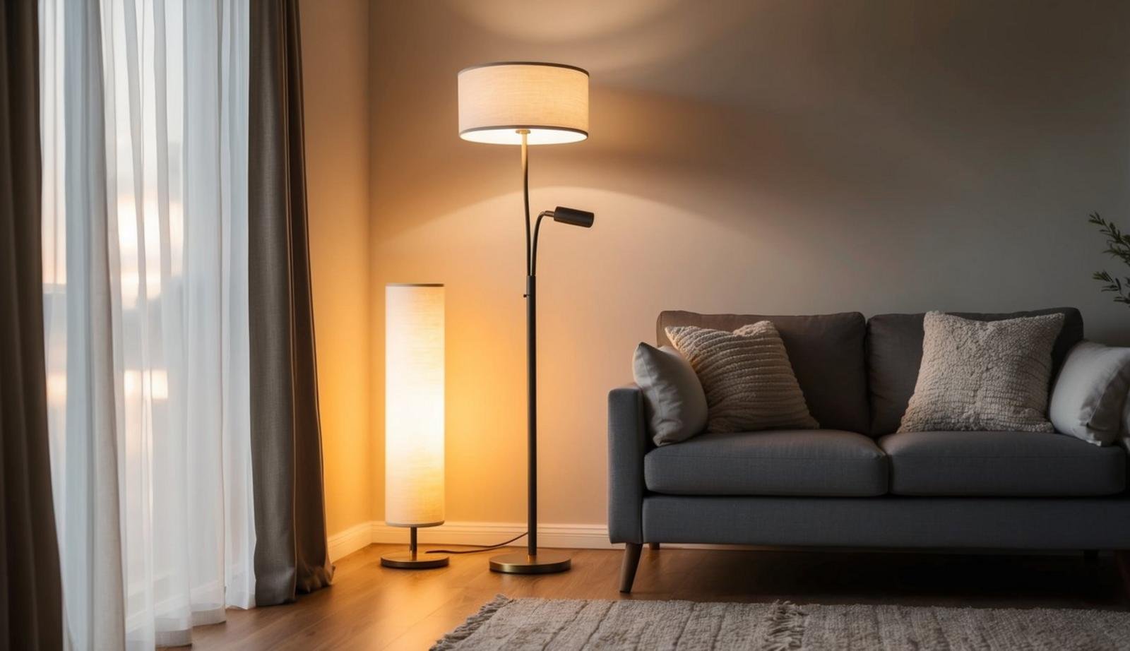 A cozy living room with soft, warm LED lighting from a Brightech Sky LED Torchiere Floor Lamp, casting a gentle glow over the space