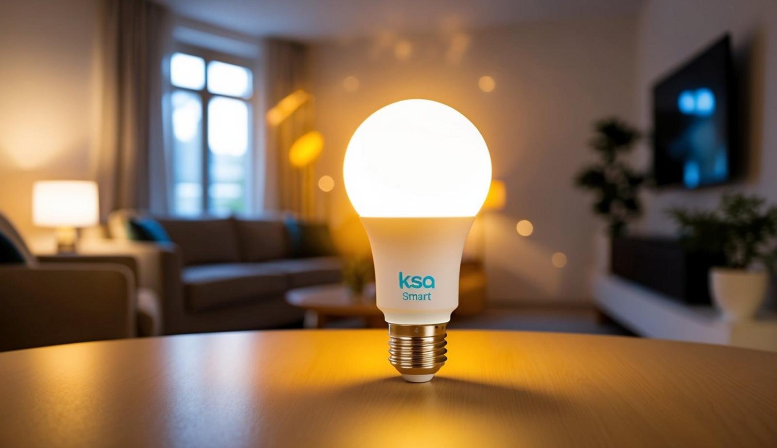 Soft LED lighting illuminates a cozy living room, with a Kasa Smart LED Light Bulb by TP-Link casting a warm glow