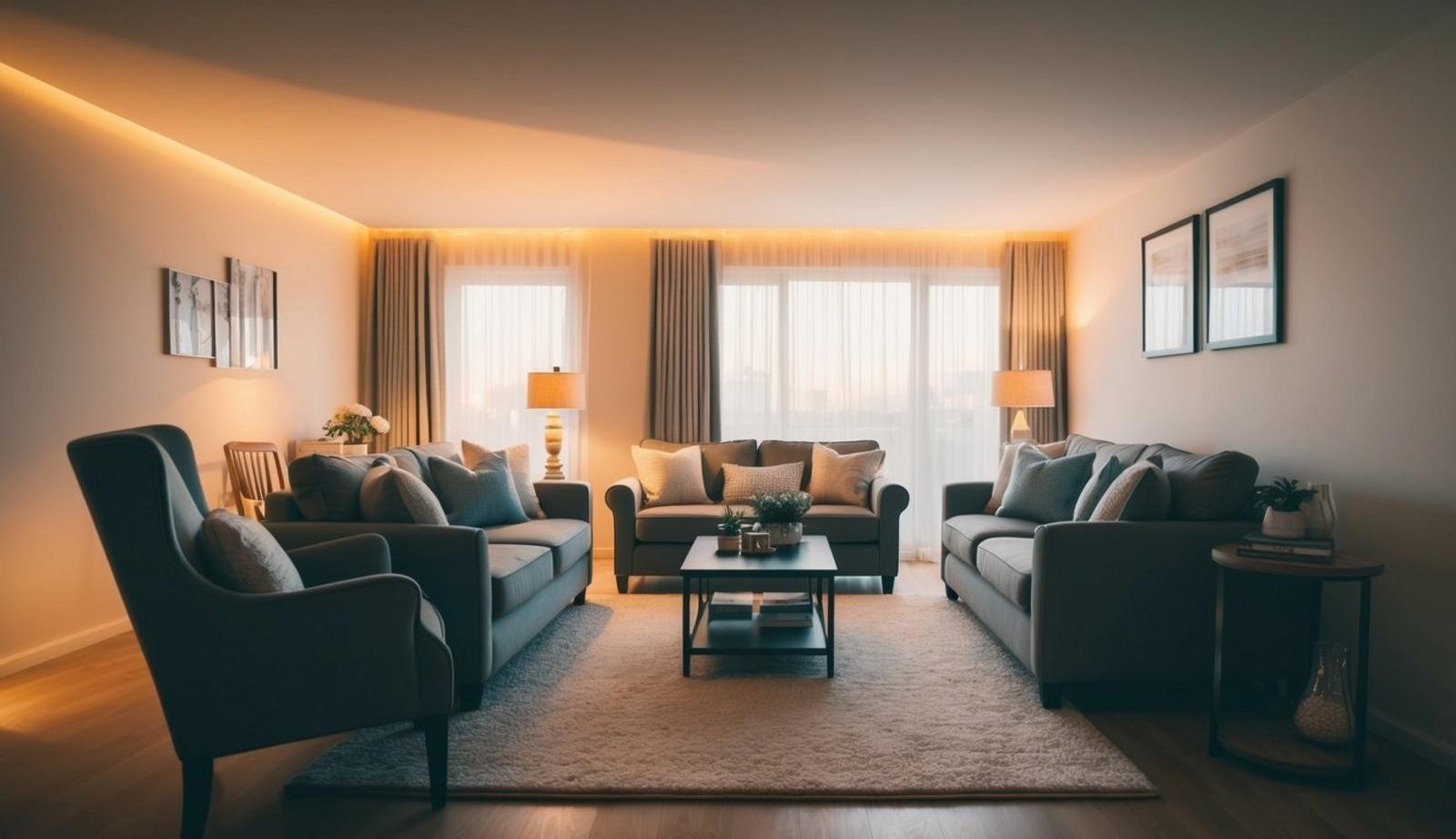 A cozy living room with soft LED lighting, casting a warm glow over the furniture and decor