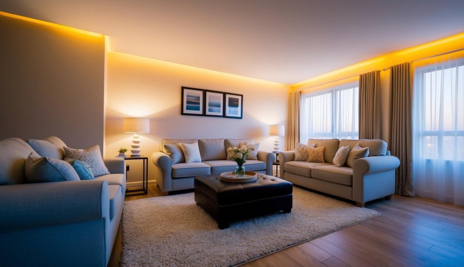 A cozy living room with soft LED lighting, casting a warm glow over comfortable furniture and accentuating the decor