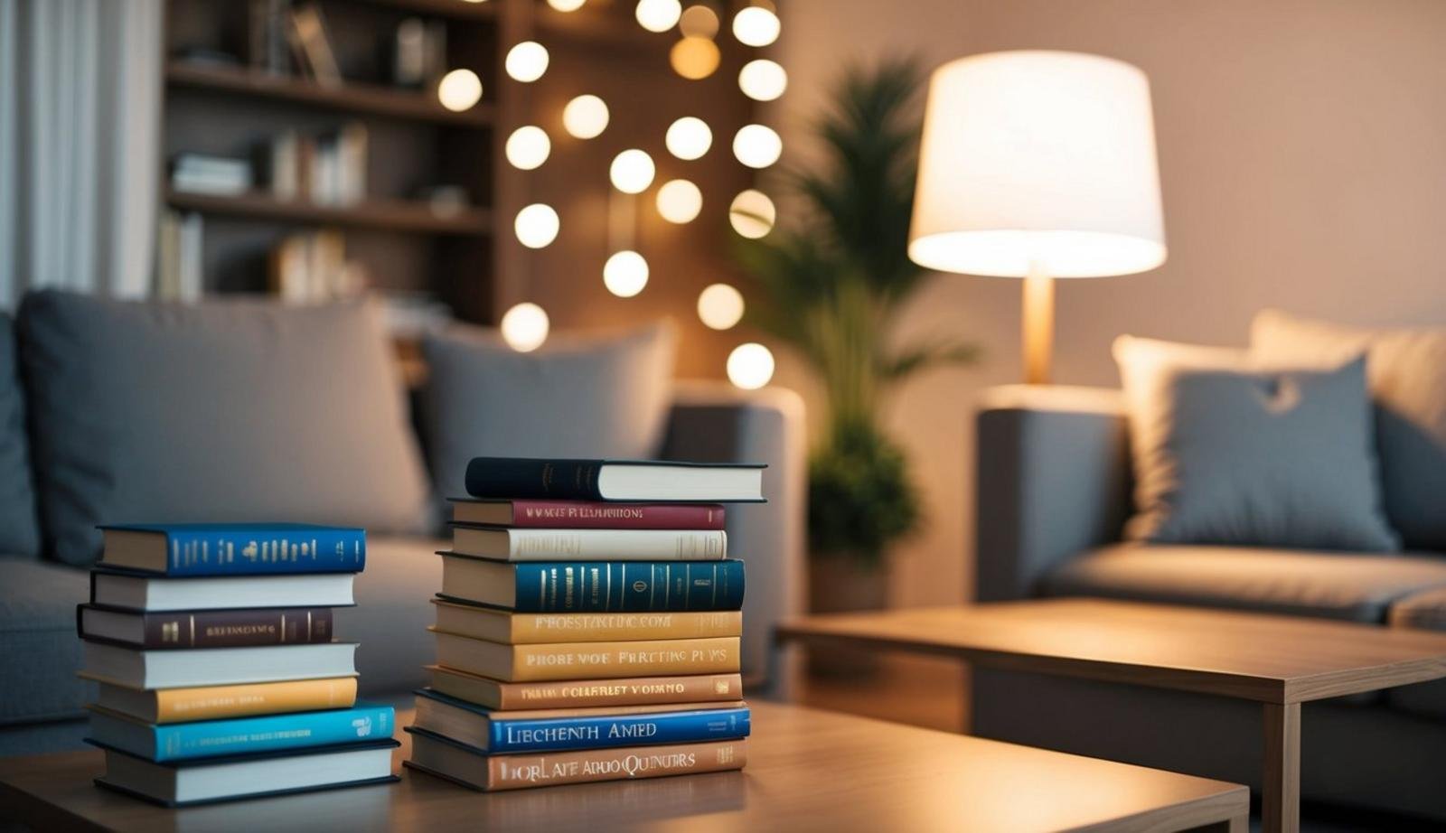 Soft LED lighting illuminates a cozy living room with a stack of Frequently Asked Questions books on a coffee table