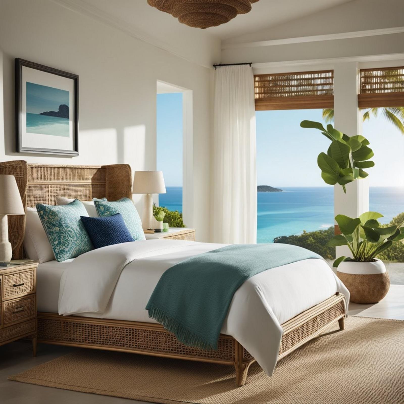 7 west elm coastal bedroom ideas (perfect beach vibes) 2 A sunlit coastal bedroom with a rattan bed, white linens, and a large window overlooking the ocean. Blue and green accents create a serene atmosphere