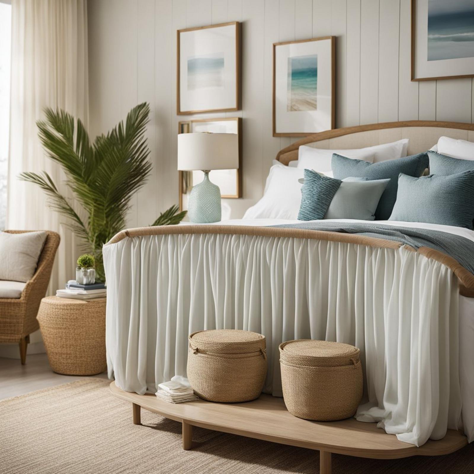A coastal bedroom with a west elm Emmett curved chiffonier, adorned with beachy decor and soft, flowing chiffon curtains