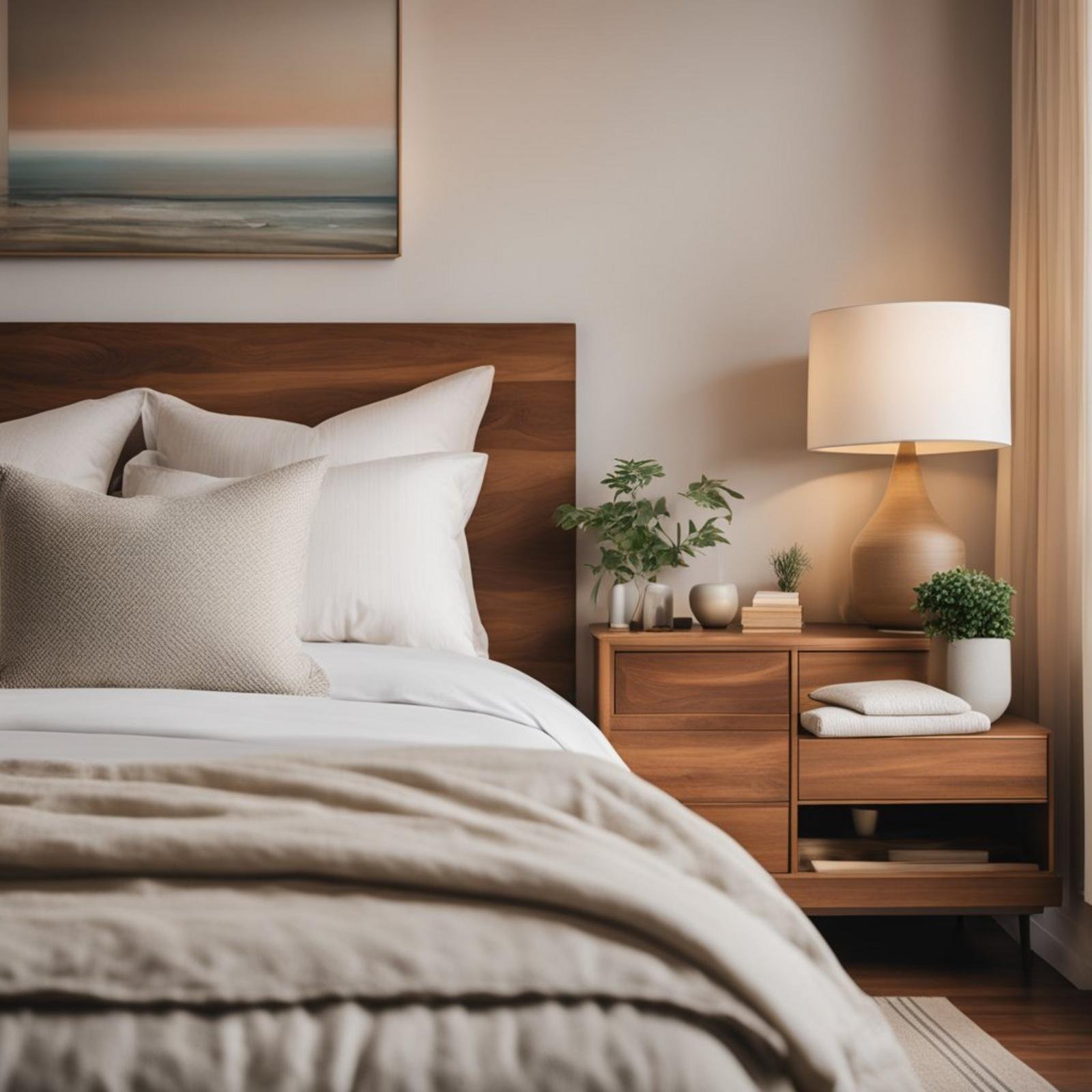 A cozy mid-century bed sits in a coastal bedroom, with warm wood tones and soft, neutral linens creating a serene and inviting atmosphere