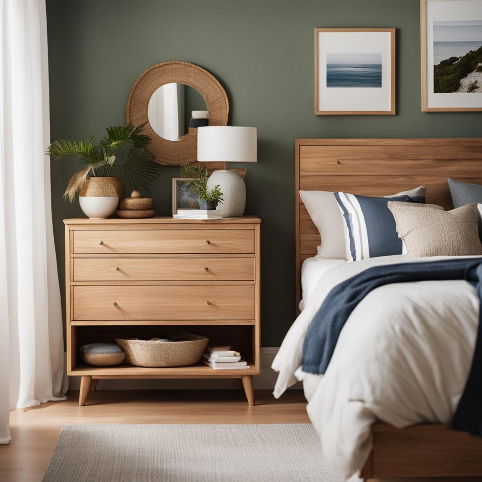 A coastal bedroom with a Reeve natural wood dresser from west elm