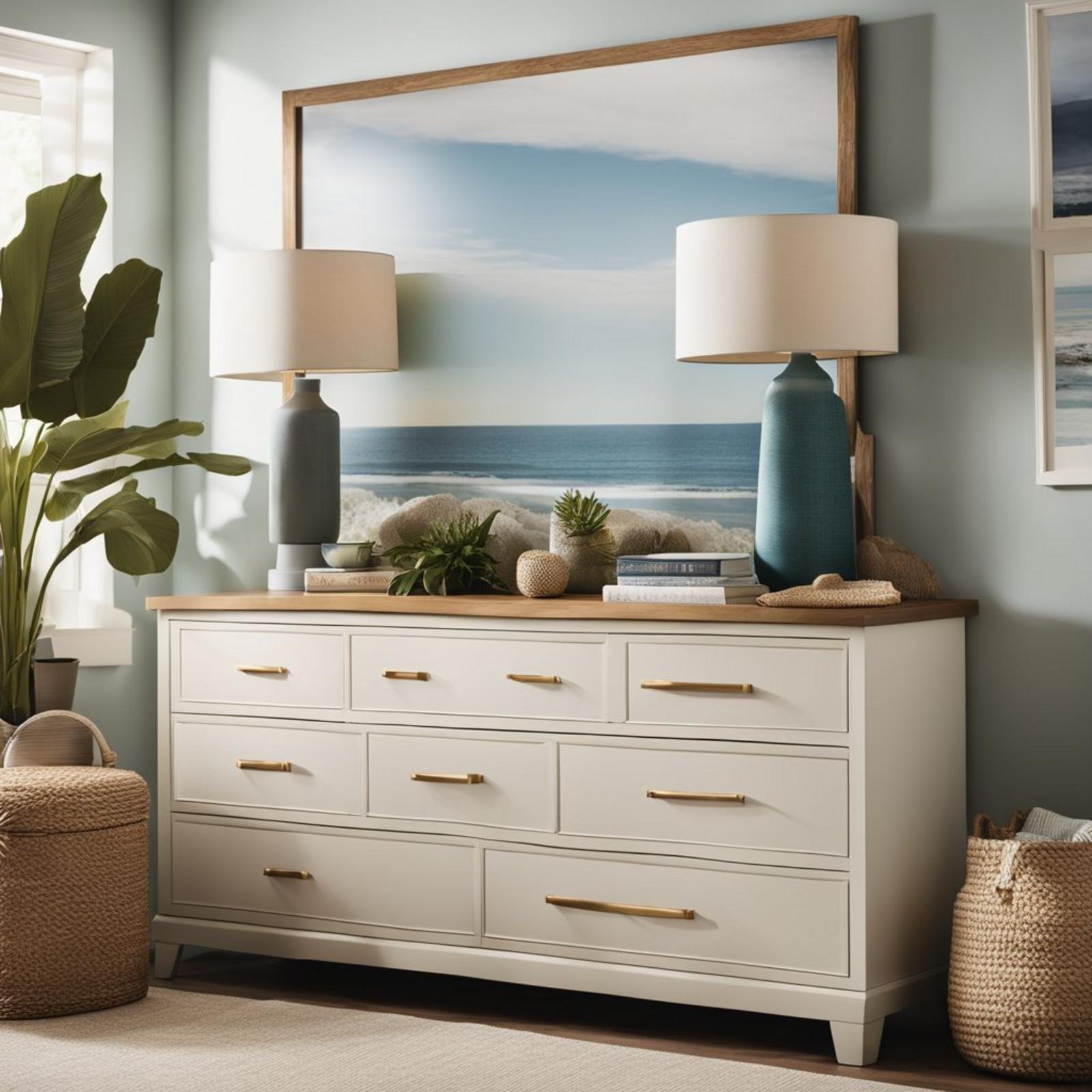 A coastal bedroom with a Monterey 8-drawer dresser from west elm, adorned with nautical decor and soft, neutral colors