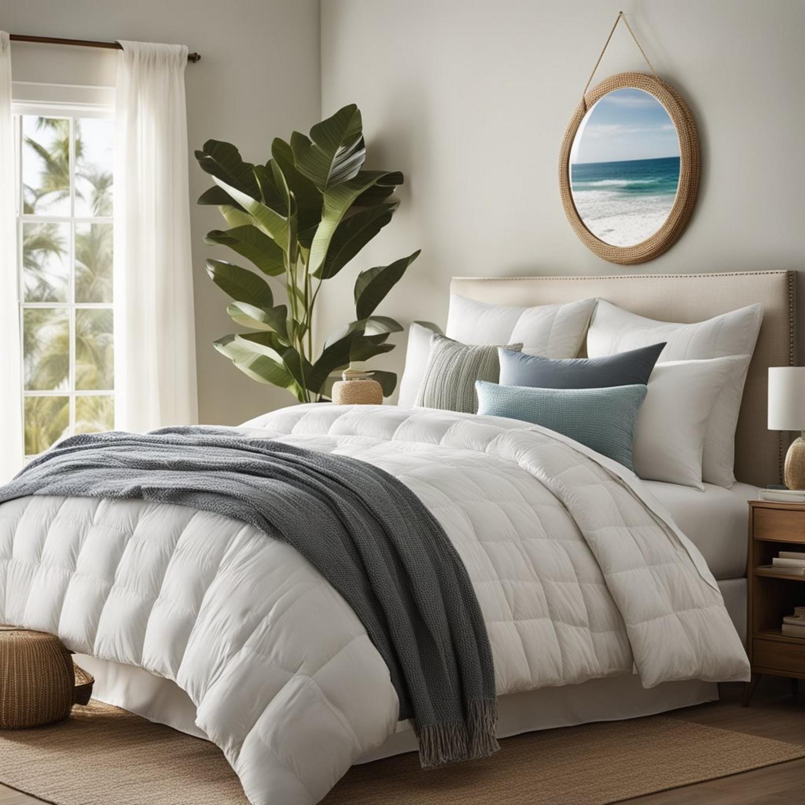 A cozy coastal bedroom with a Bliss Down Alternative Duvet Insert from West Elm, featuring serene decor and natural light