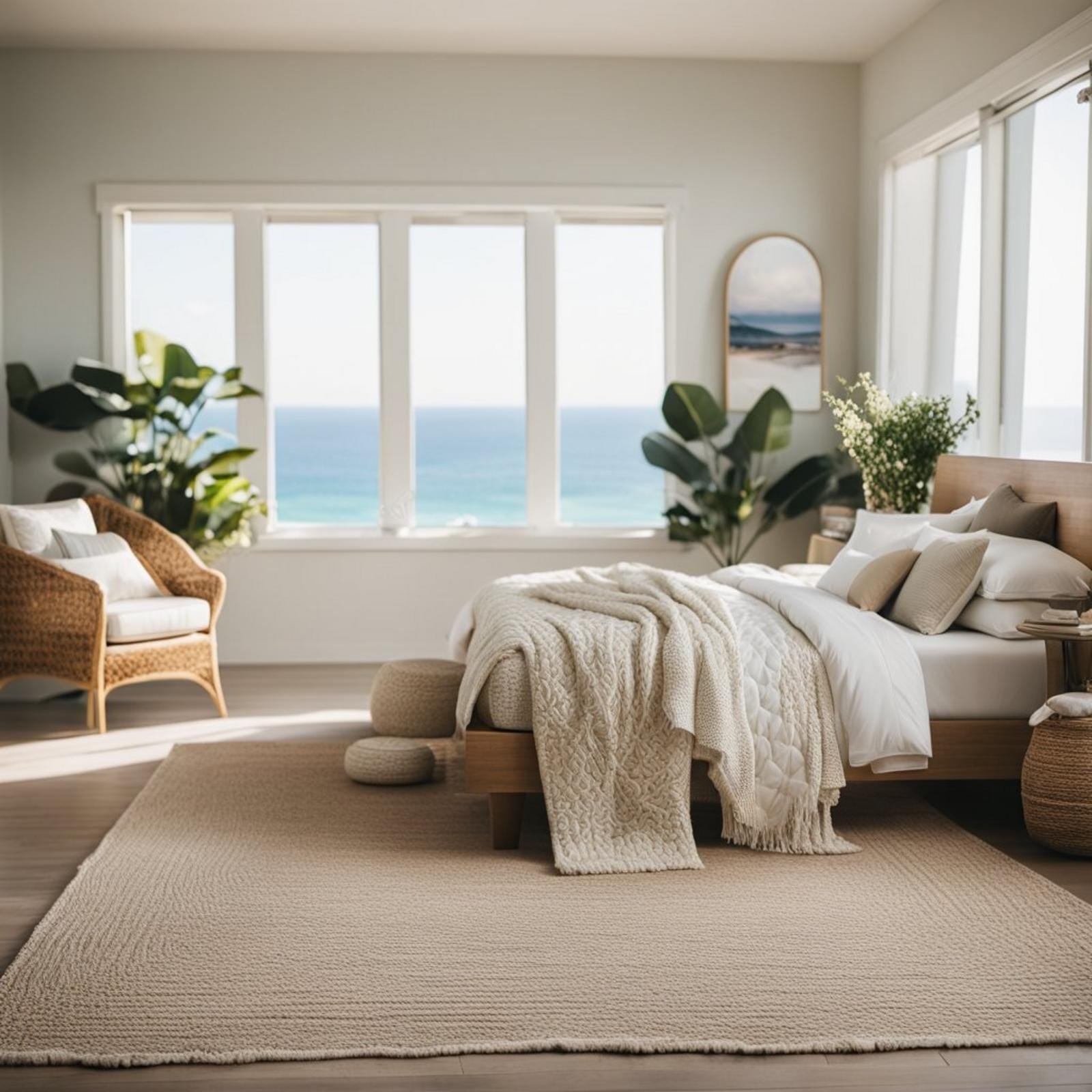 A cozy coastal bedroom with a textured rug, soft lighting, and ocean-inspired decor