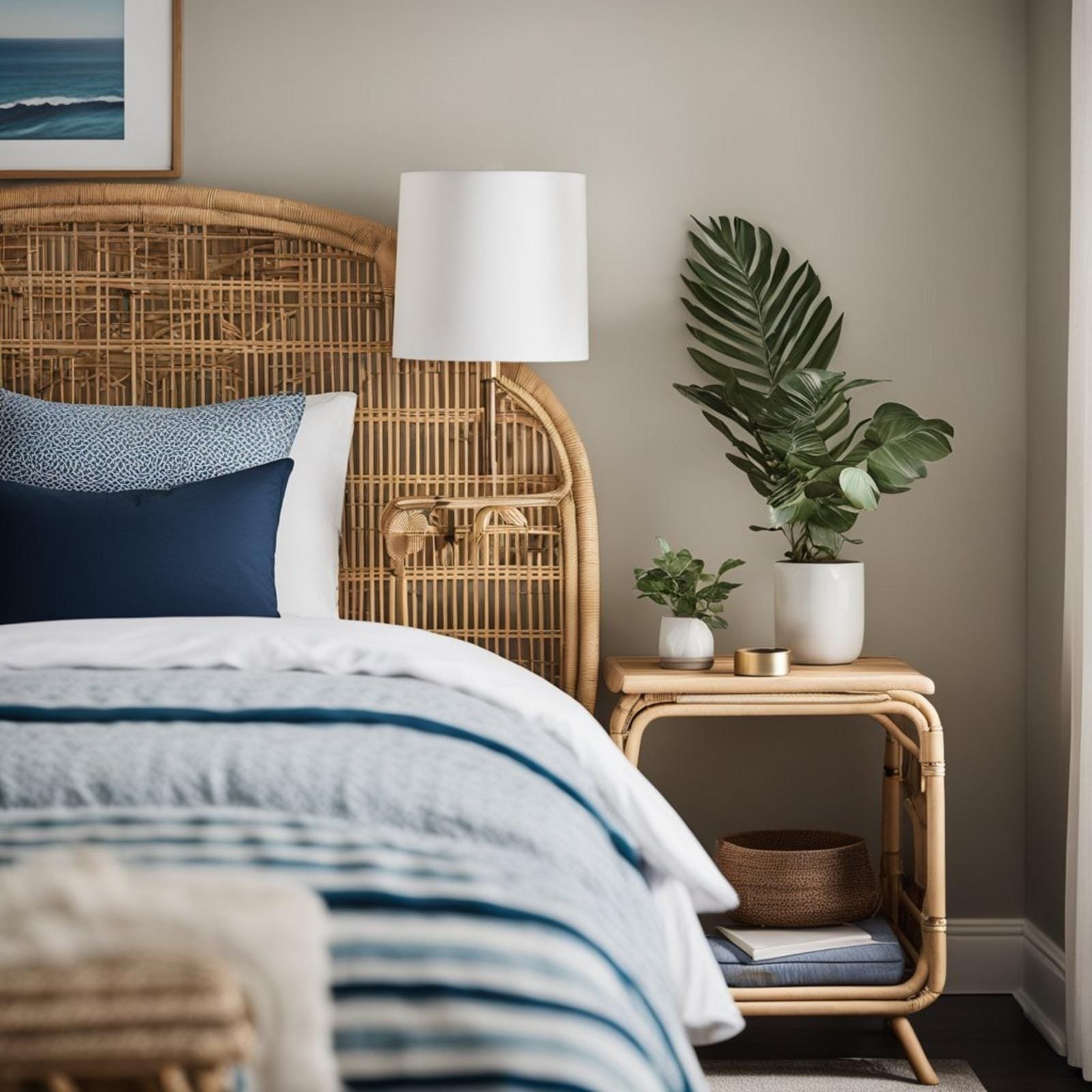 A rattan nightstand sits in a coastal-themed bedroom from west elm