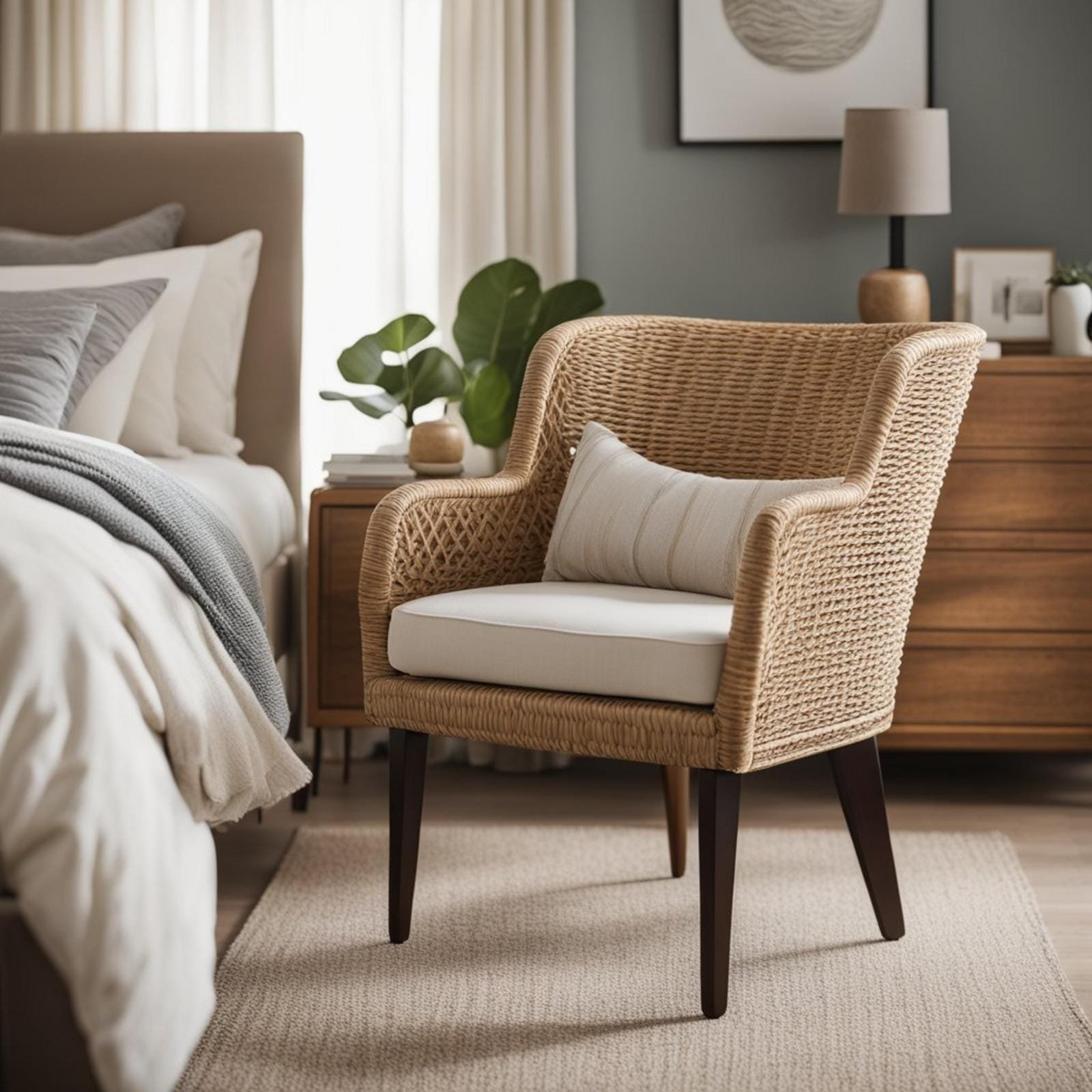 A cozy coastal bedroom with a Vivian Chair from west elm, featuring soft, neutral tones and natural textures