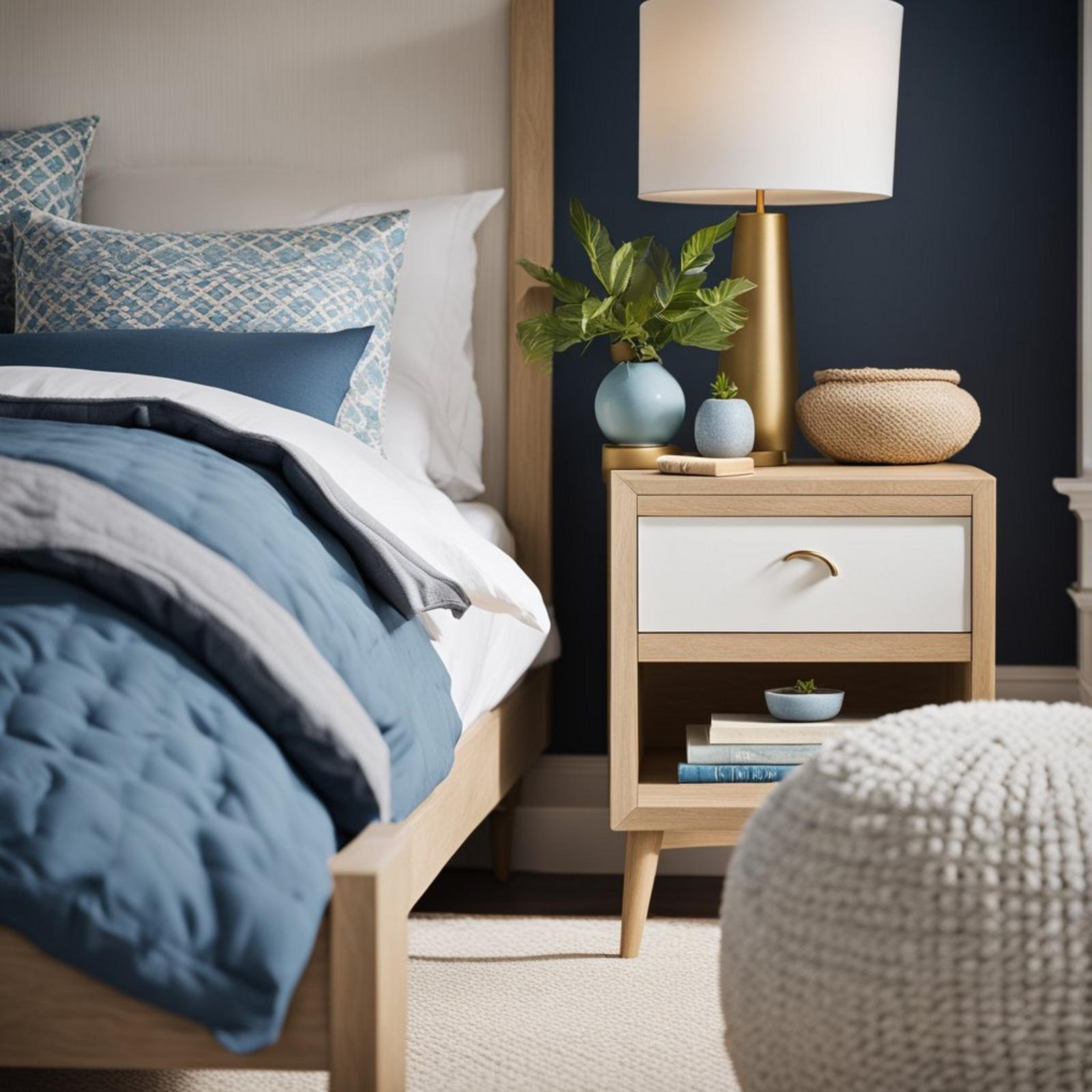 A coastal-themed bedroom with a Wainscott Nightstand from west elm