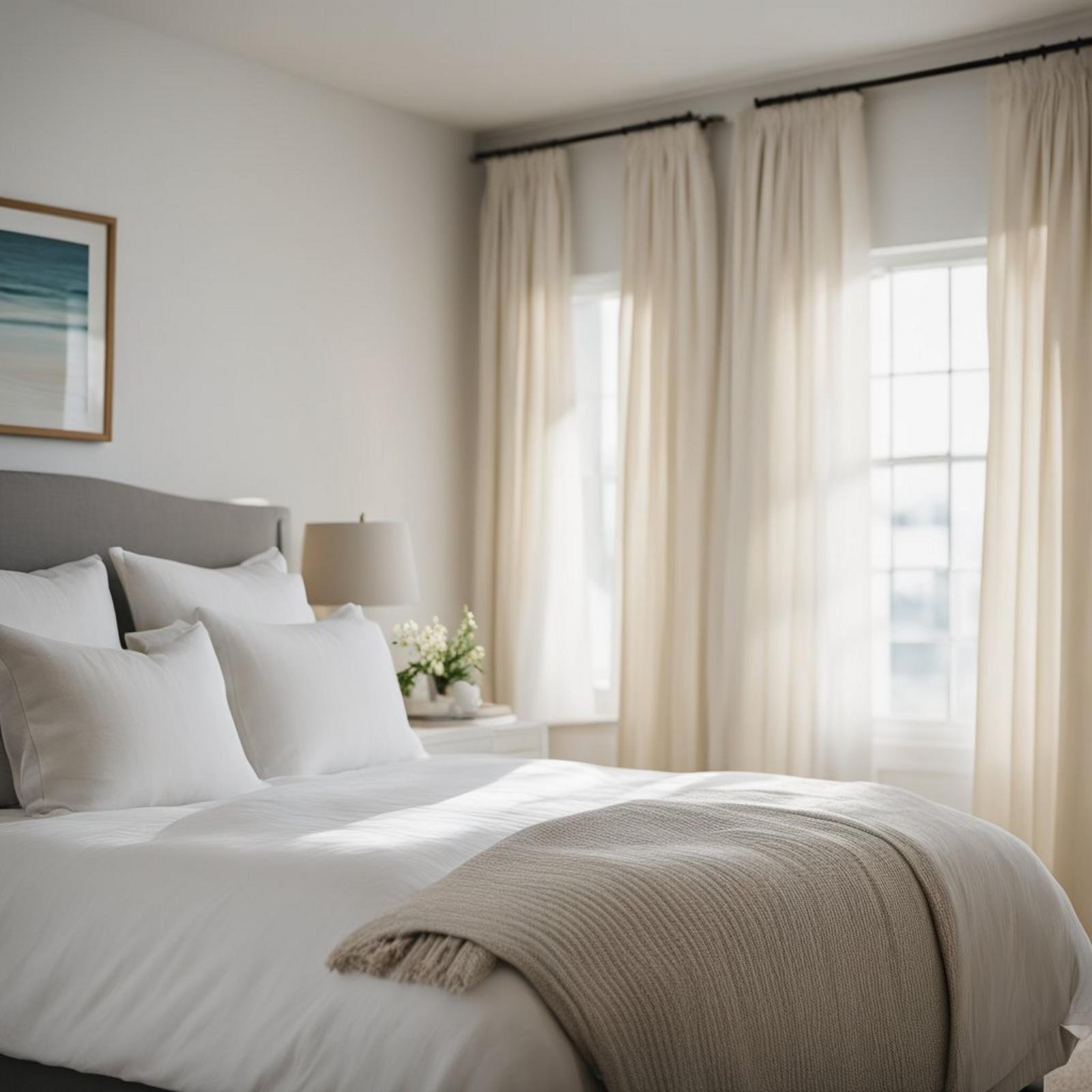 Sunlight filters through white linen drapes in a serene coastal bedroom with modern decor