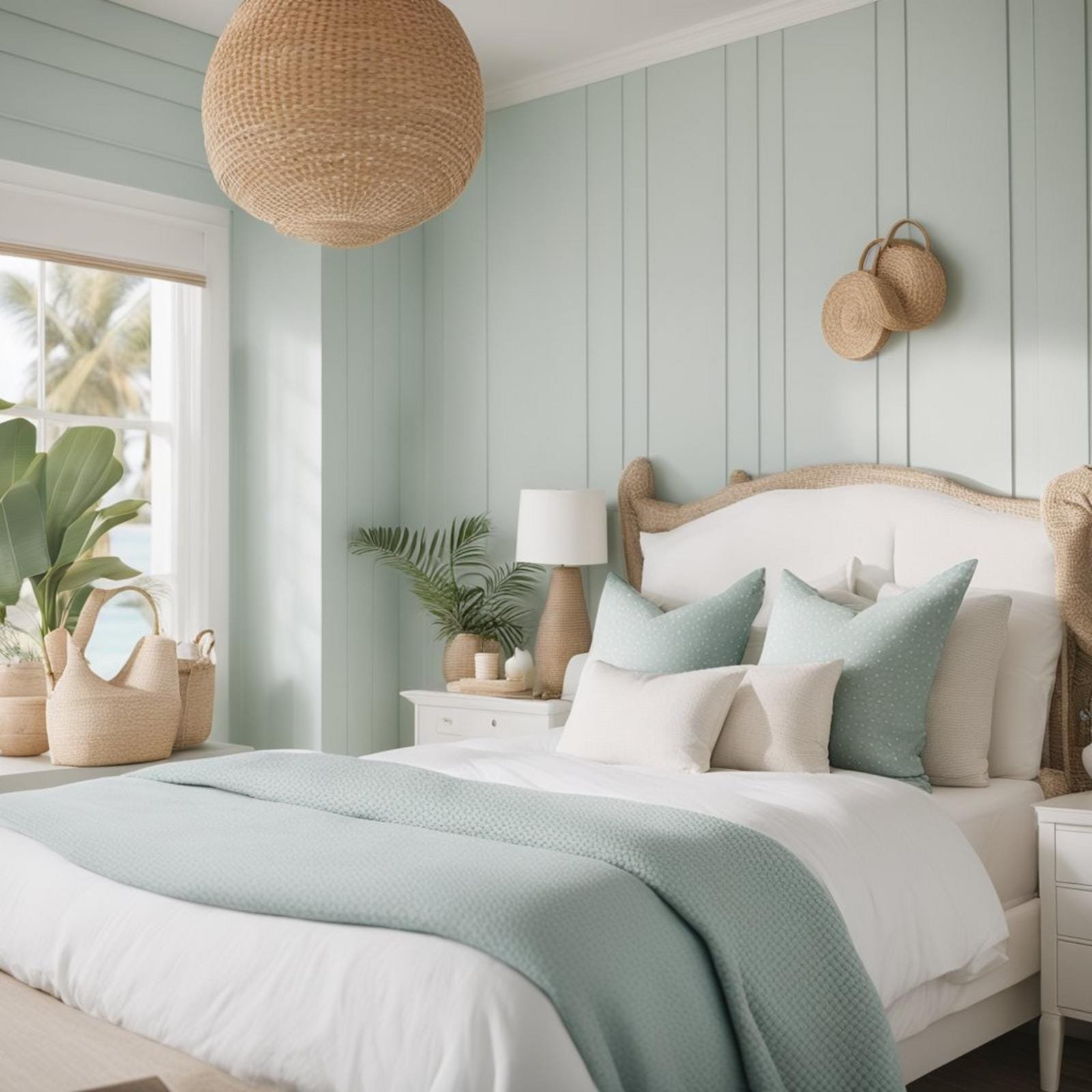 A coastal bedroom with light, airy decor, featuring natural textures, soft pastel colors, and ocean-inspired accents
