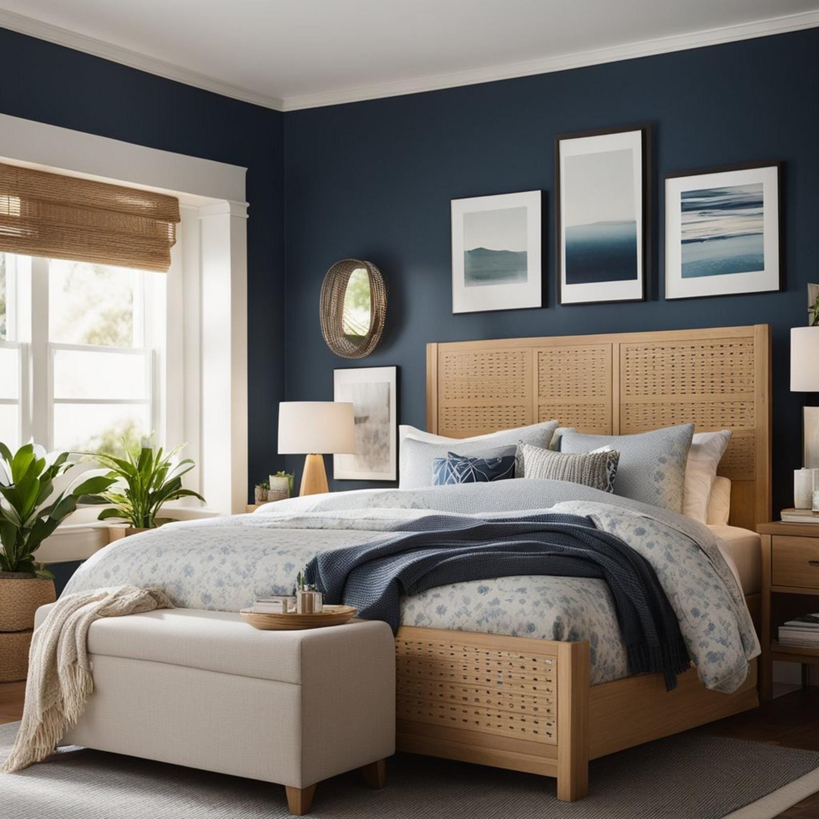 A cozy coastal bedroom with a selection of modern furniture from west elm, including a bed, nightstands, and a dresser, all placed in a harmonious arrangement