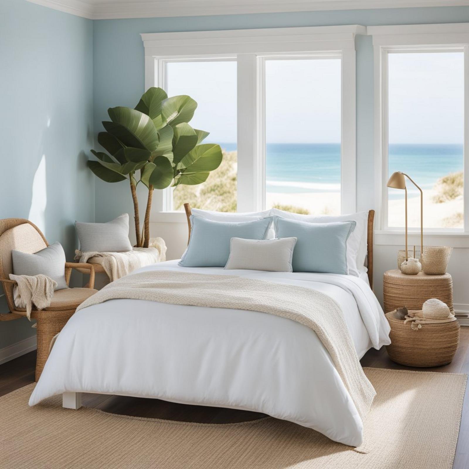 A serene coastal bedroom with light, airy decor, featuring natural textures, soft blues, and beach-inspired accents