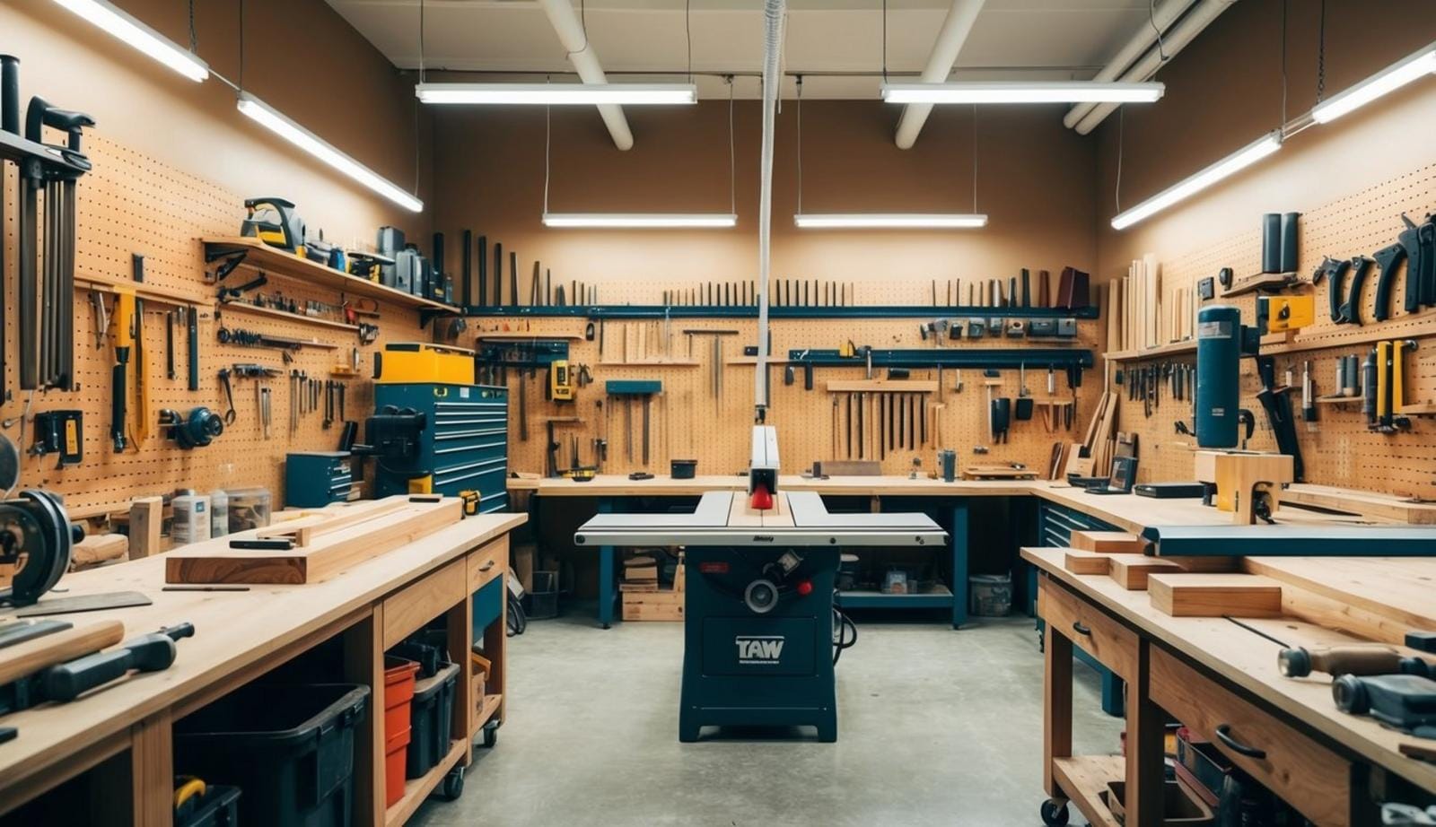 A spacious woodworking shop with tools neatly organized on wall racks, workbenches, and a large table saw in the center
