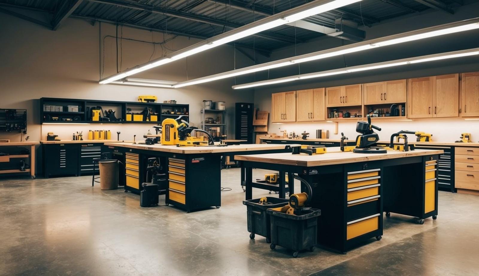 A spacious woodworking shop layout with workbenches, power tools, storage units, and ample lighting