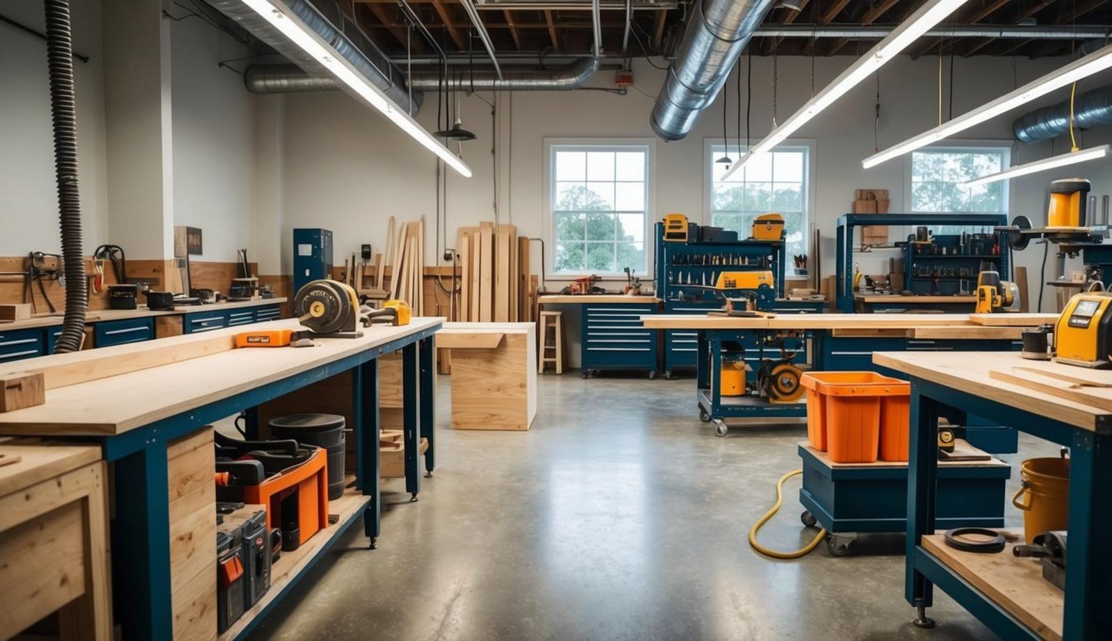 A woodworking shop with clear walkways, proper ventilation, and safety equipment easily accessible