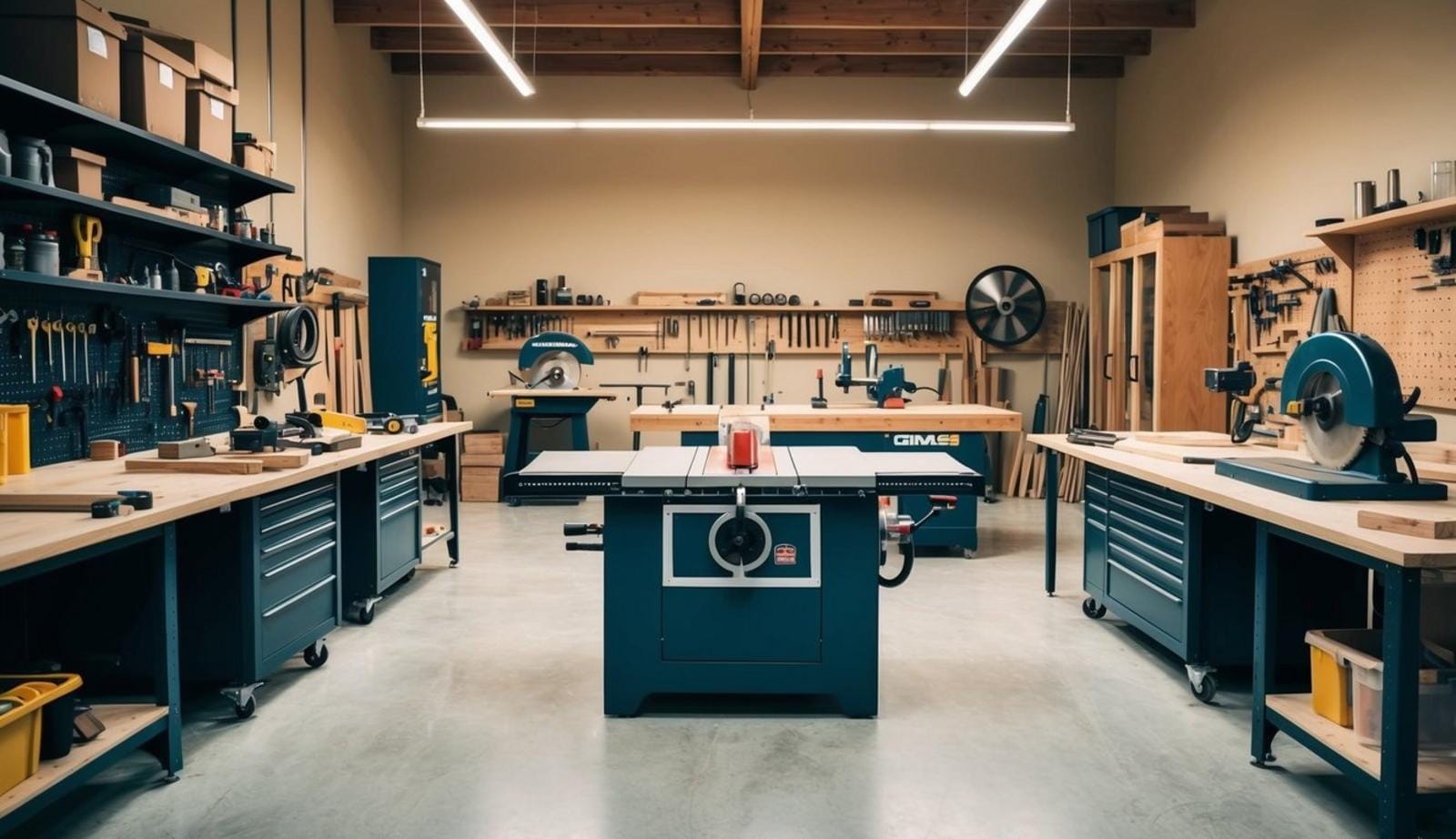 A spacious woodworking shop with neatly organized tools, workbenches, and storage units. A large table saw and wood lathe are positioned in the center, with ample space for movement