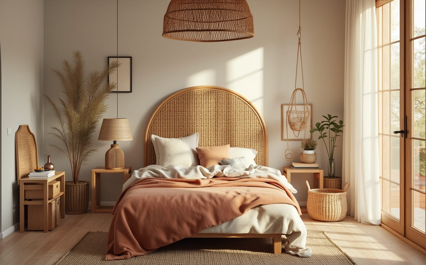 3) Rattan Headboard For A Rustic Feel