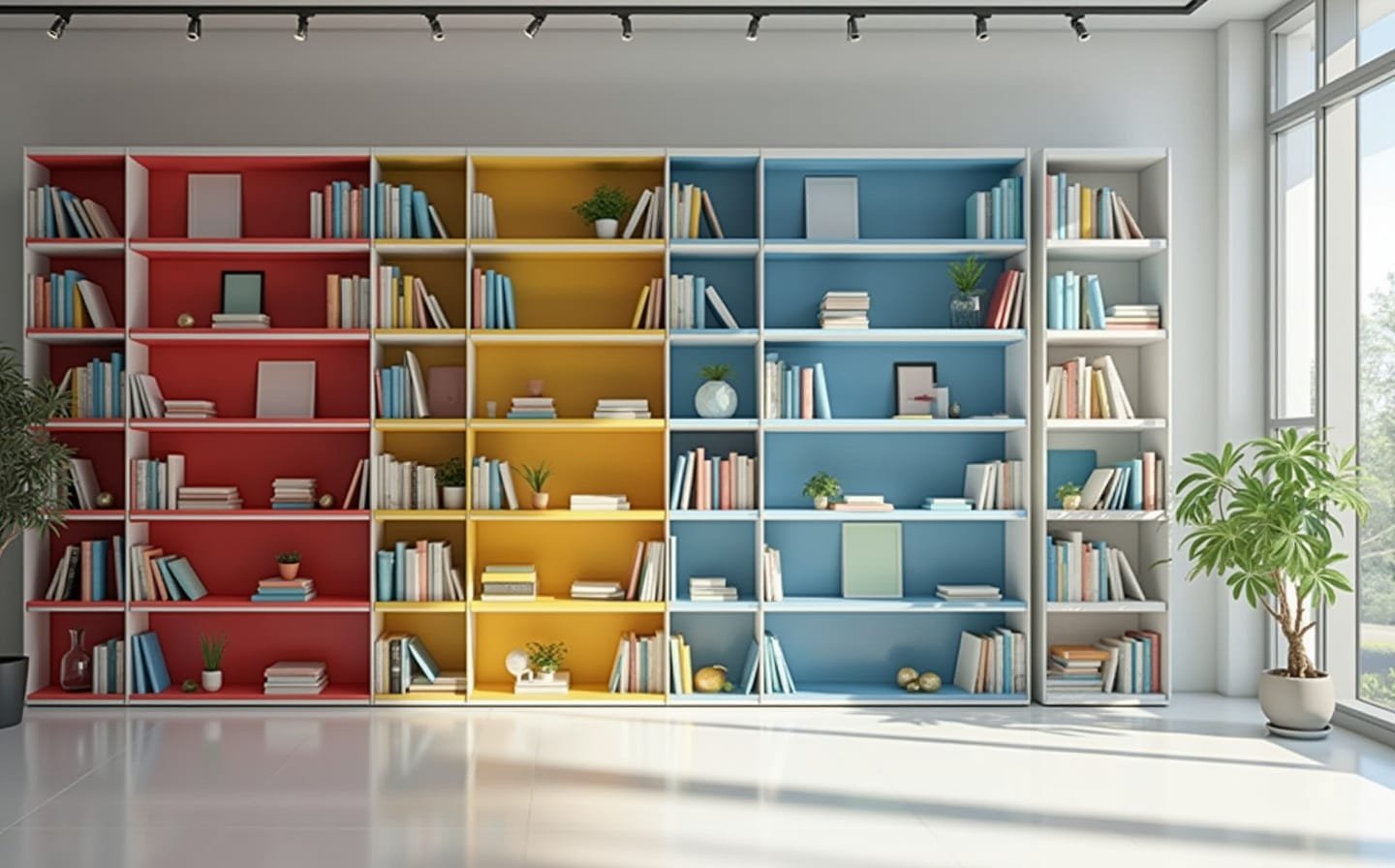 4) Bookshelves Styled With Colorful Assortments