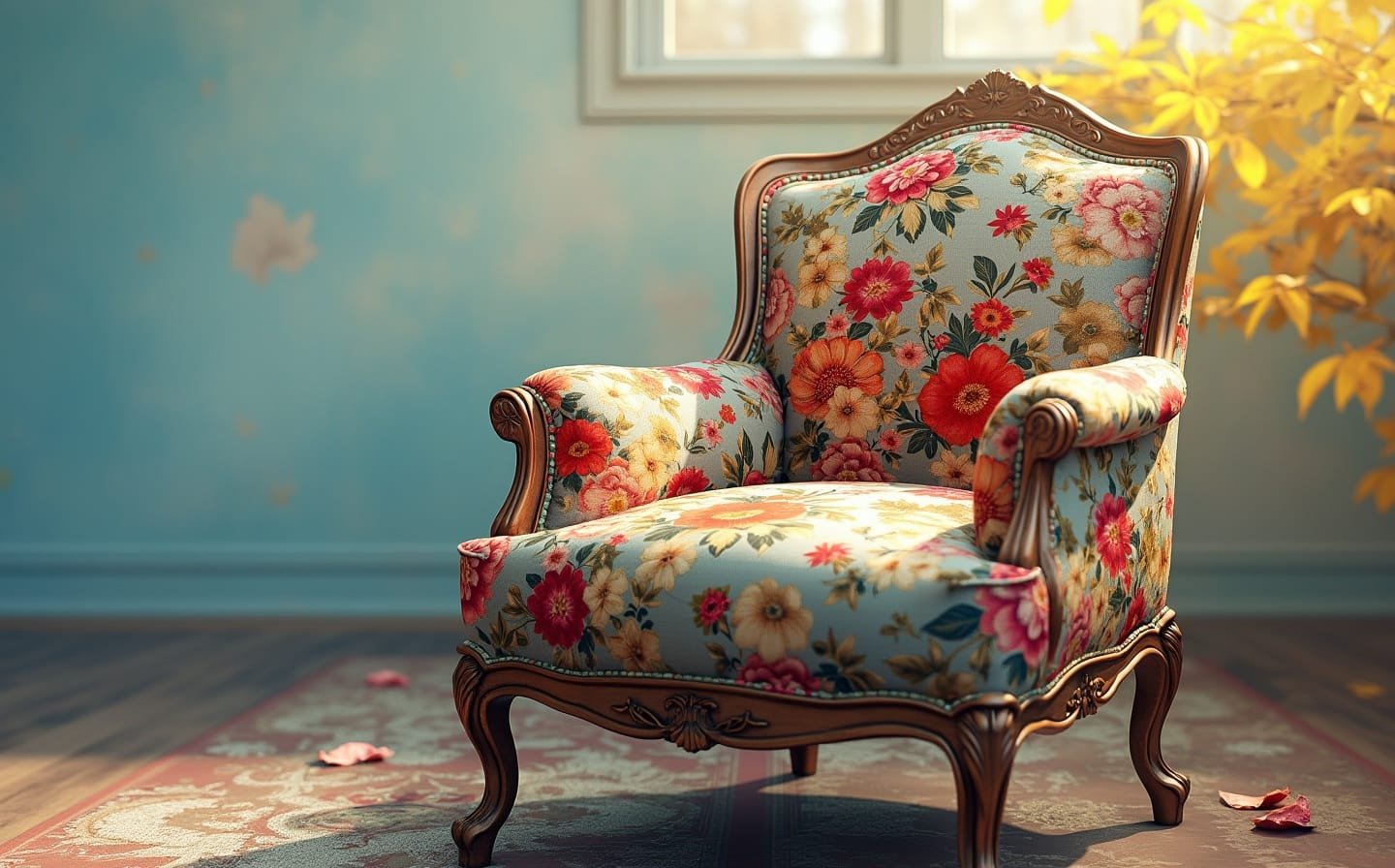 5) Antique Armchair With Floral Upholstery