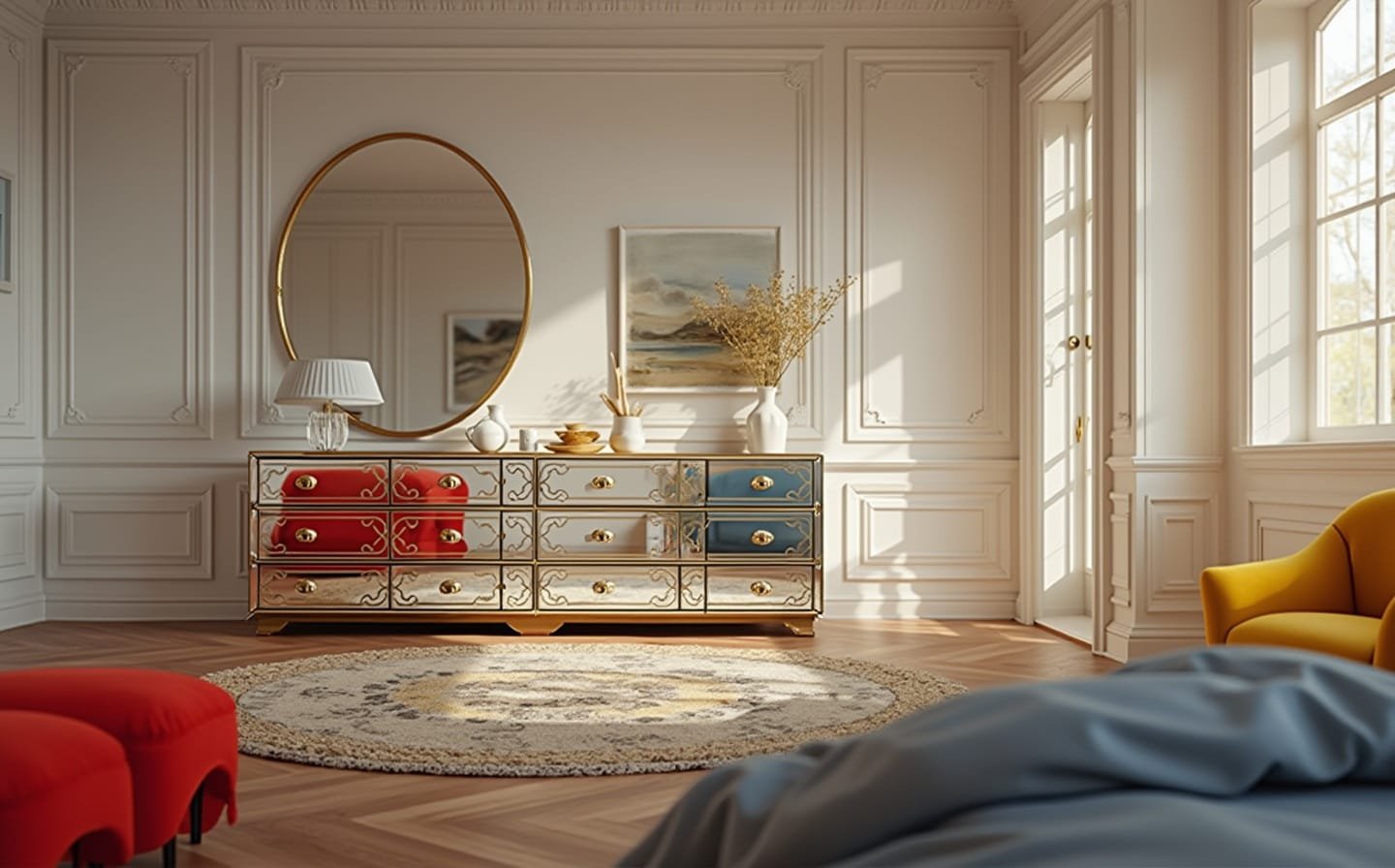 6) Mirrored Dresser With Gold Accents