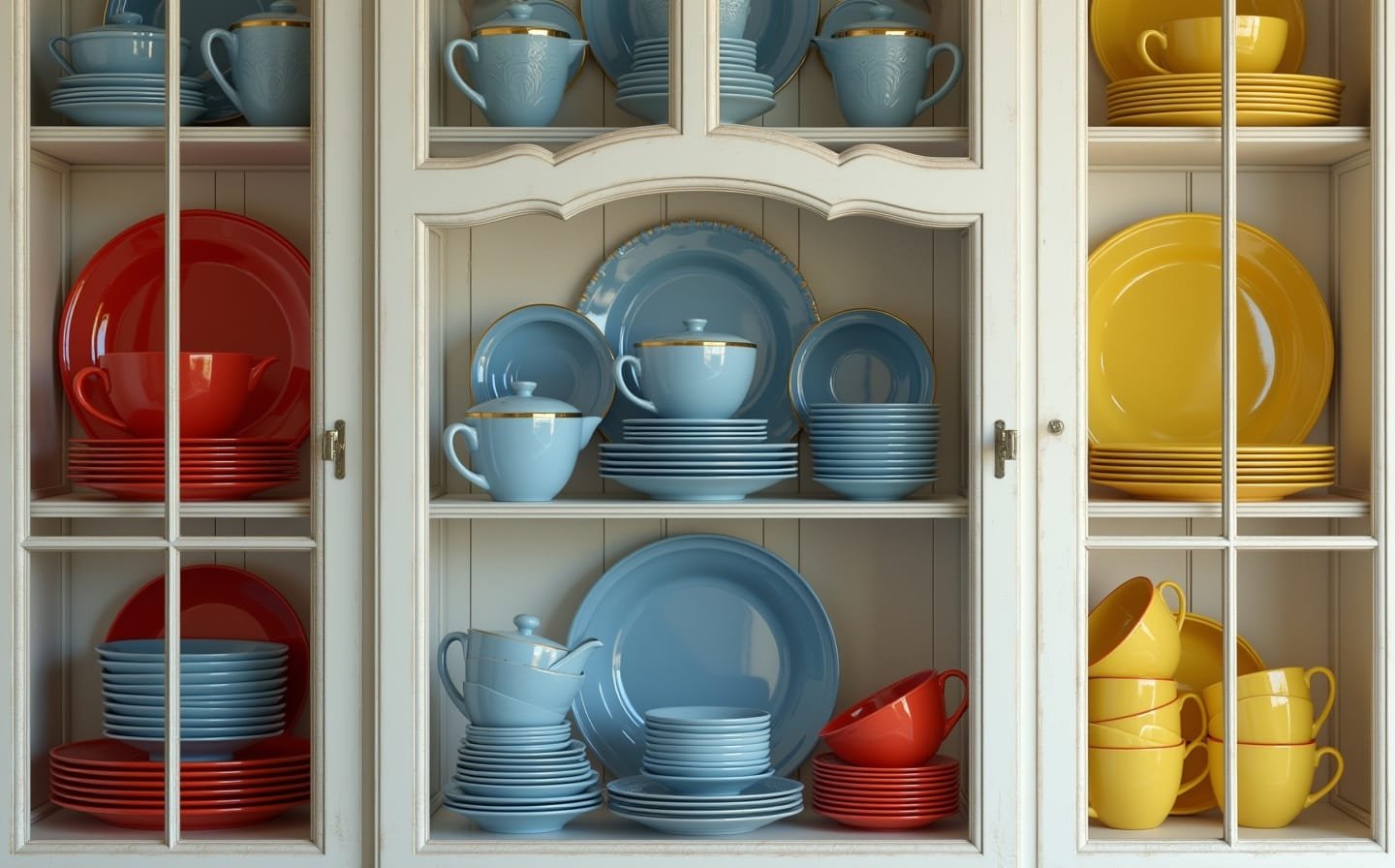7) Glass Cabinets With Traditional Dishware