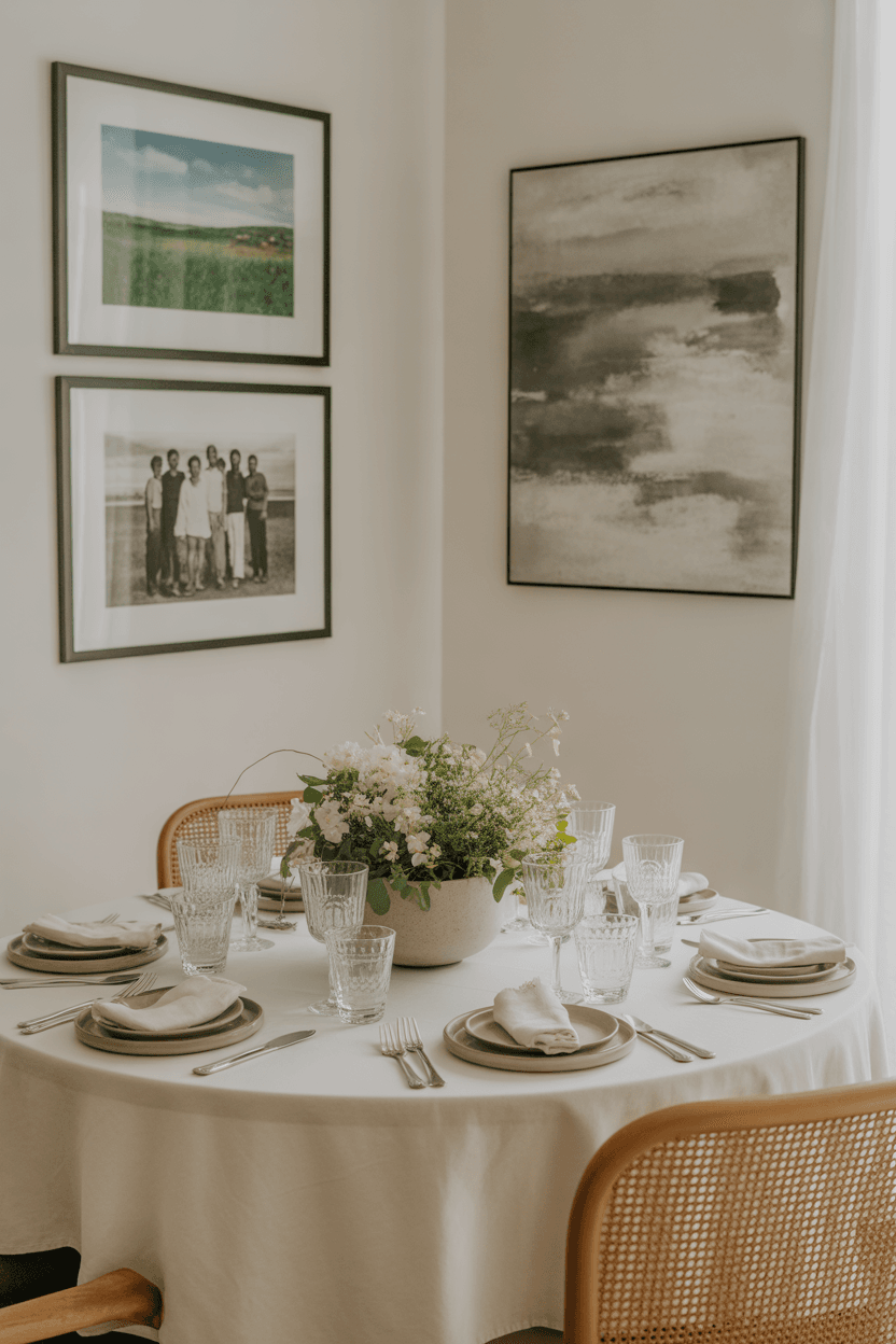 A dining room with personal touches like artwork, books, and flowers.
