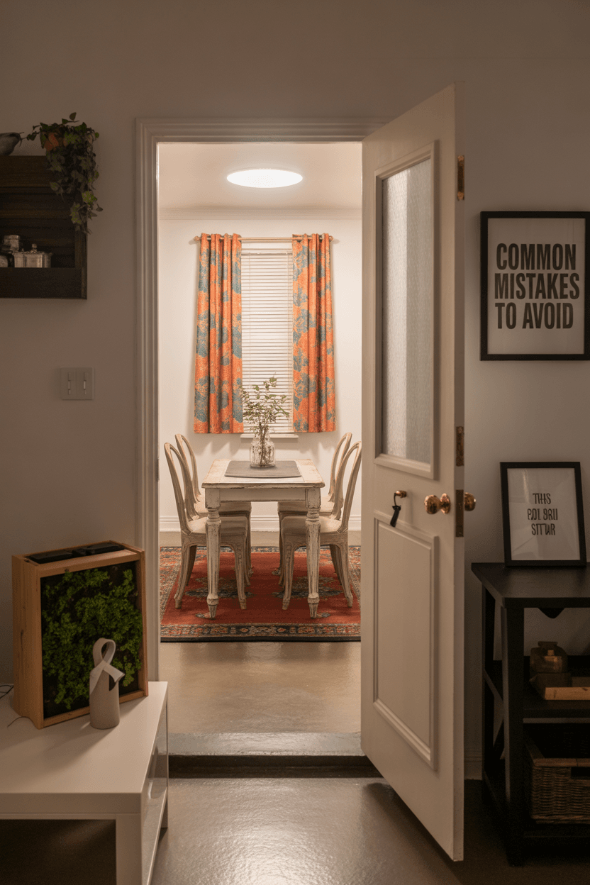 An example of a cluttered and mismatched dining room to avoid.