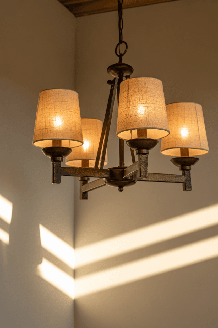 A statement pendant light hangs over a dining table, casting a warm glow.