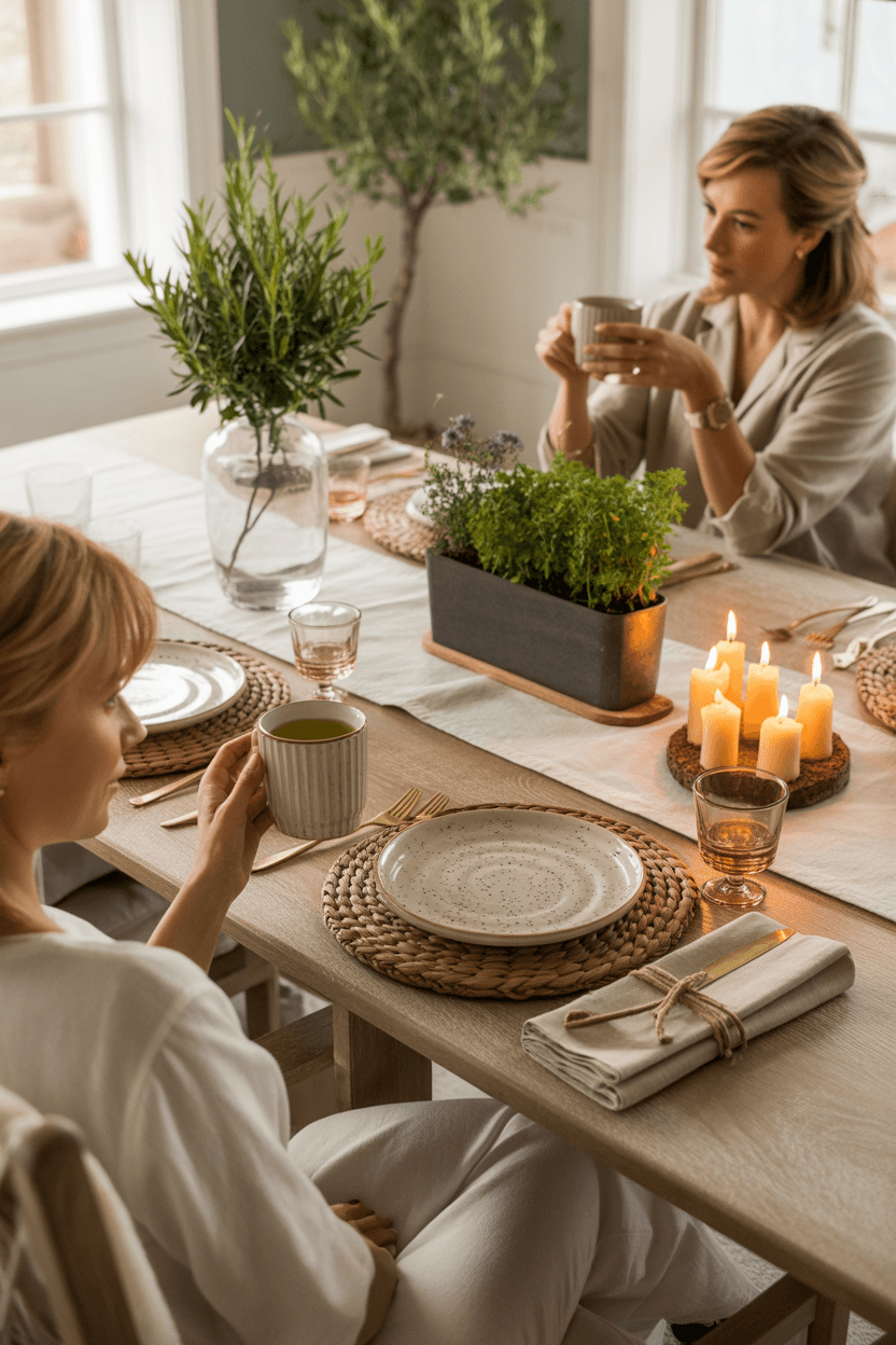 A close-up of a beautifully set dining table with flowers and elegant tableware.
