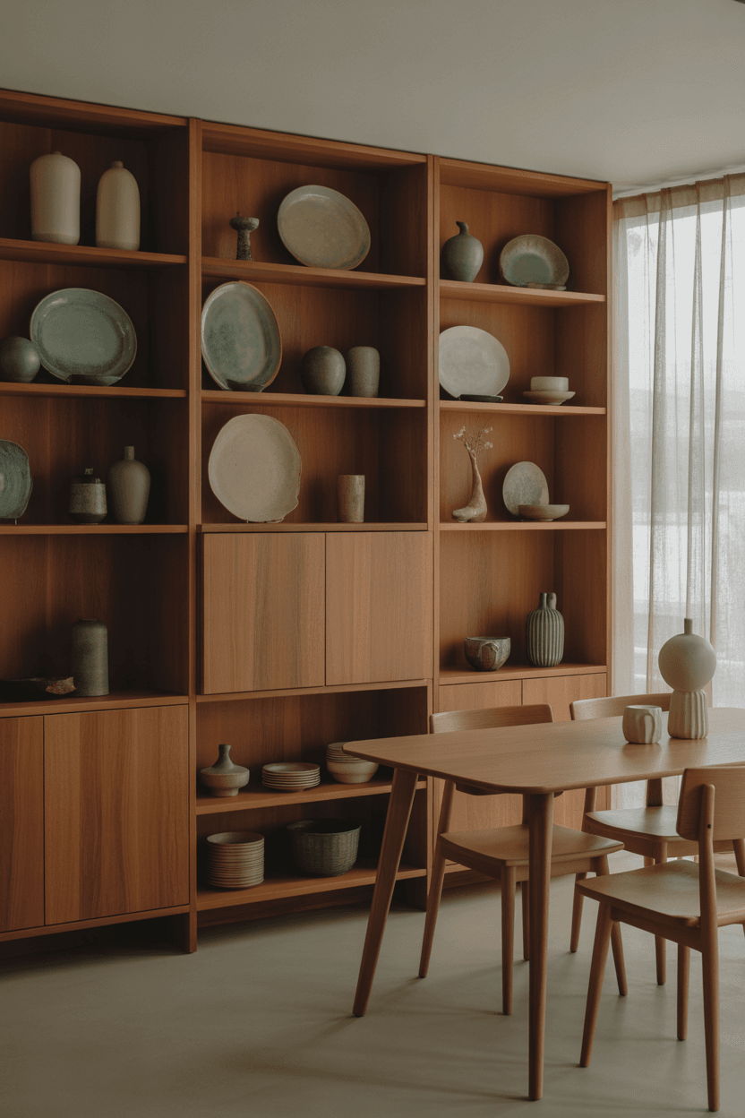 A stylish wooden sideboard with curated decorative objects on top.