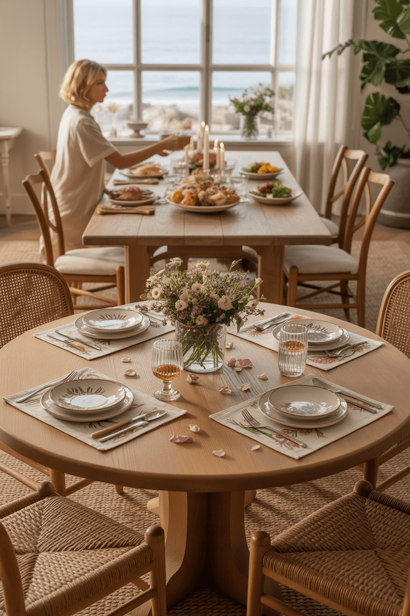 A large, rustic-modern wooden dining table serves as the centerpiece of a room.
