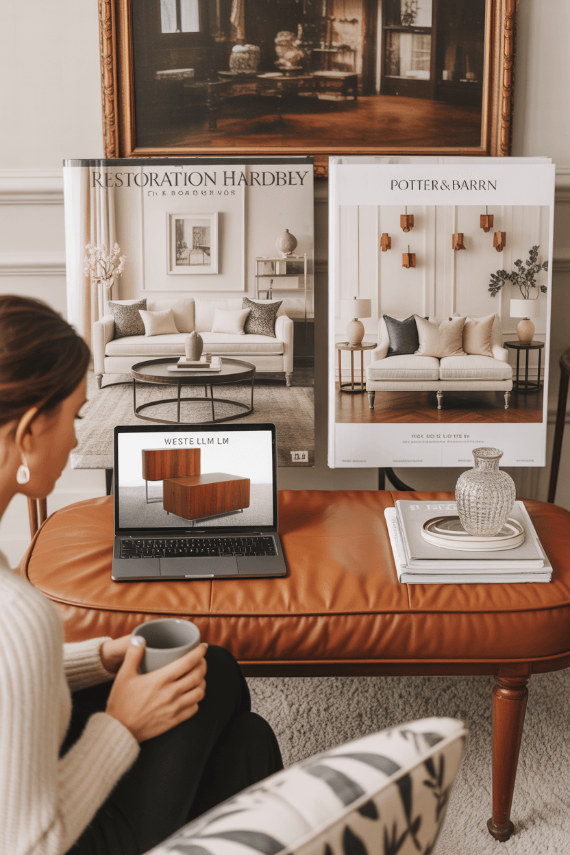 A person browsing online furniture stores on a laptop.