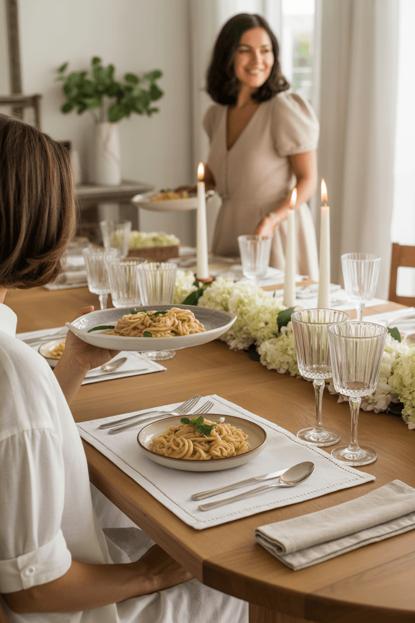 A person smiling in their beautifully designed, Nancy Meyers-inspired dining room.